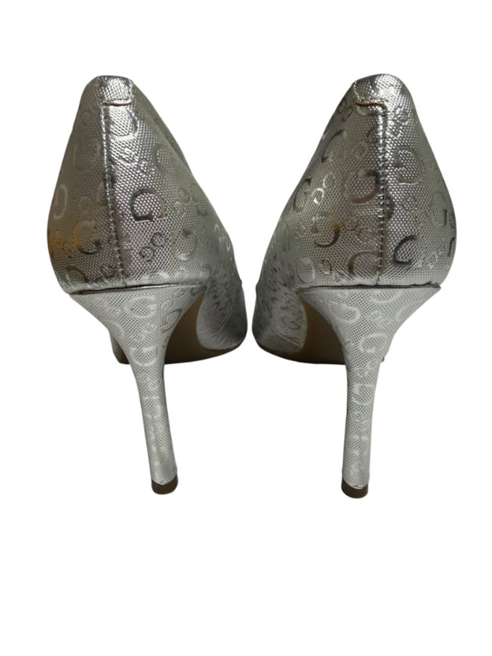 Guess Trace Pumps Shoes Stiletto Heel Logo Pointed Toe Metallic Silver 8.5 - Picture 6 of 13
